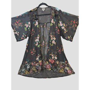 IVY JANE Kimono Duster Jacket Sz M/L Velvet Burnout,Embroidery Florals Boho USA